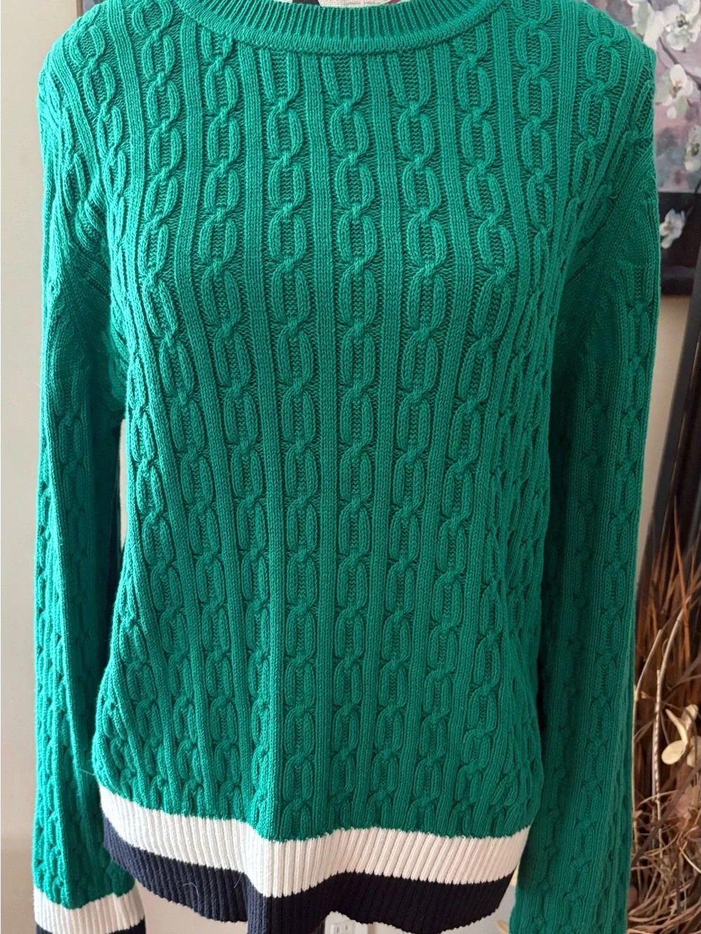 Tommy Hilfiger Green Cable Knit Crewneck Sweater with Striped Hem